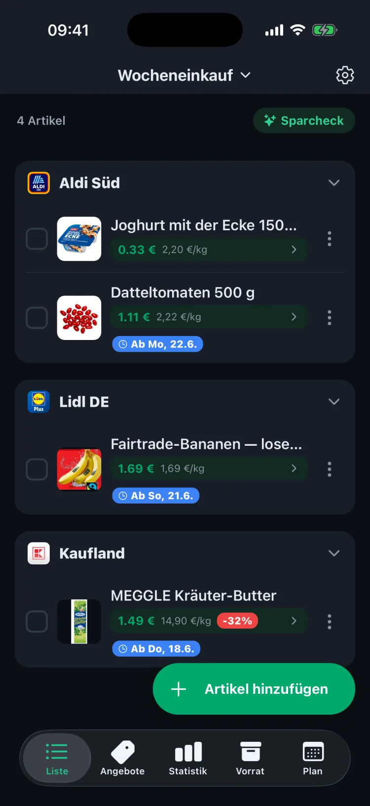 EasyEinkauf App im Dark Mode – Einkaufsliste mit automatischen Angeboten