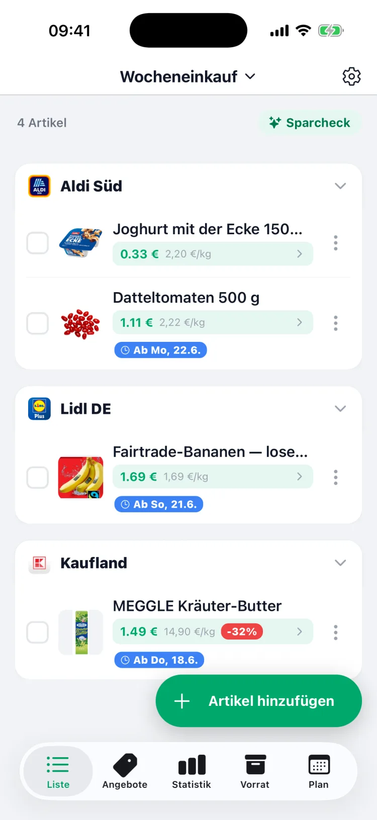 EasyEinkauf App – Einkaufsliste mit automatischen Angeboten, nach Supermarkt gruppiert
